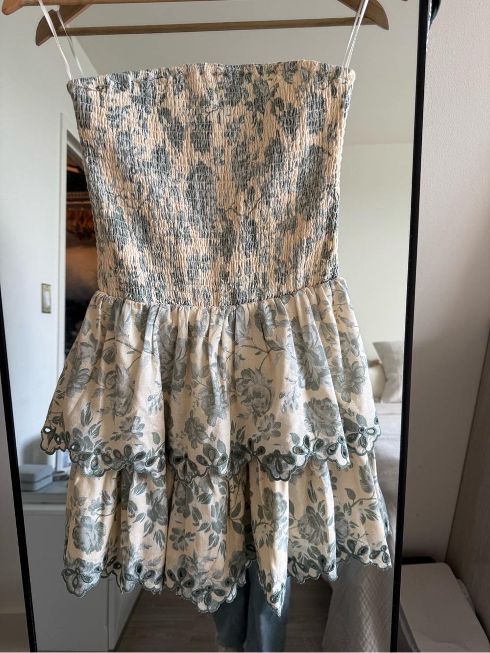 Smocked Strapless Cream Mini Dress with Sage Floral Embroidery